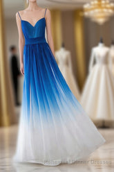 Spaghetti Strap Royal Blue Ombre Long Chiffon Royal Blue Ombre A Line Sweetheart Semi Formal Prom Dresses
